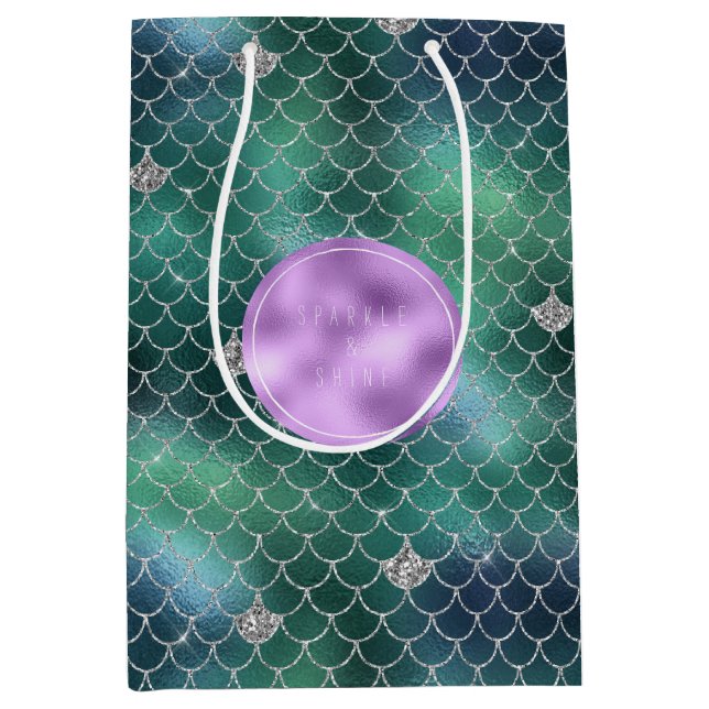 Sac Cadeau Moyen Mermaid Silver Turquoise Ocean Glitz (Devant)