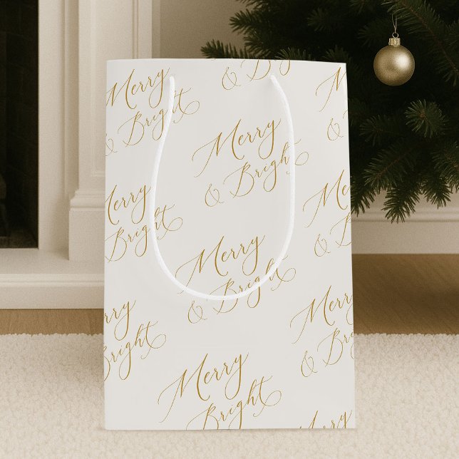 Sac Cadeau Moyen Merry & Bright Gold Script Christmas Gift Bag (Créateur téléchargé)