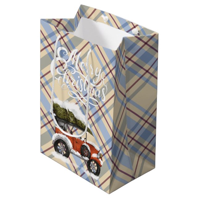 Sac Cadeau Moyen Merry Chirstmas mignon écossais avec texte de cami (Devant Angle)
