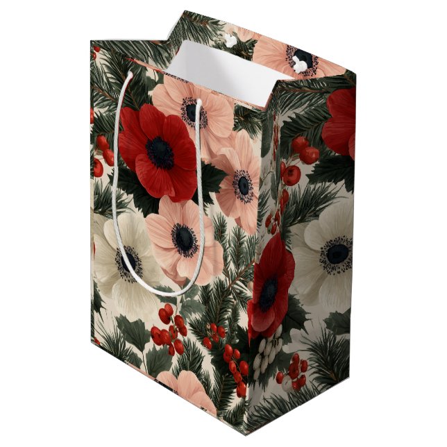 Sac Cadeau Moyen Merry Christmas Anemone Floral Background holiday  (Dos Angle)