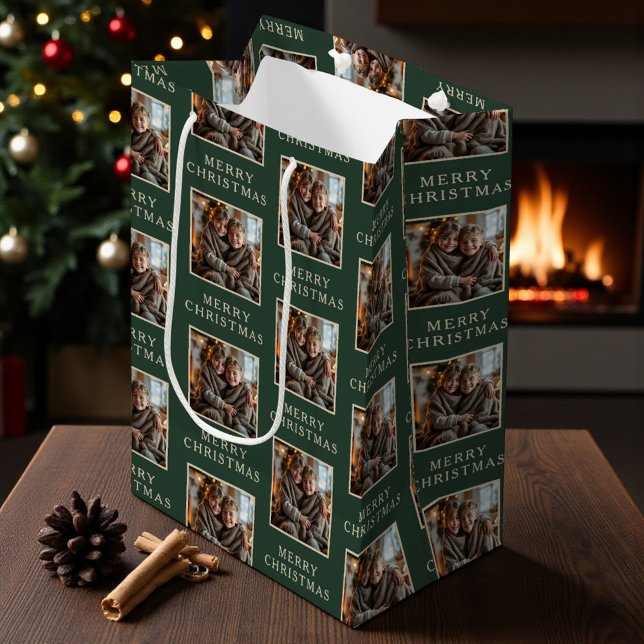 Sac Cadeau Moyen Merry Christmas Green Photo Holiday (Créateur téléchargé)