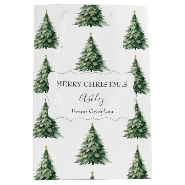 Sac Cadeau Moyen Merry Christmas + Name + From Christmas Tree (Devant)