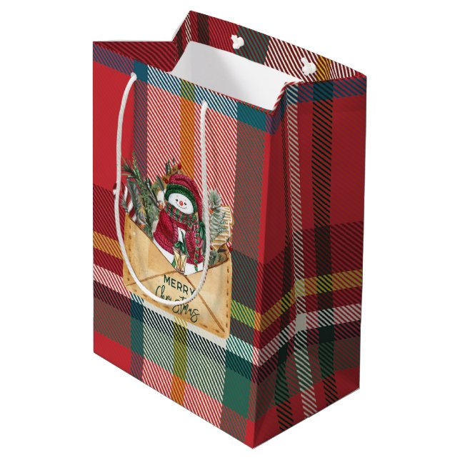 Sac Cadeau Moyen Merry Christmas Rustic Plaid Red and Green (Dos Angle)