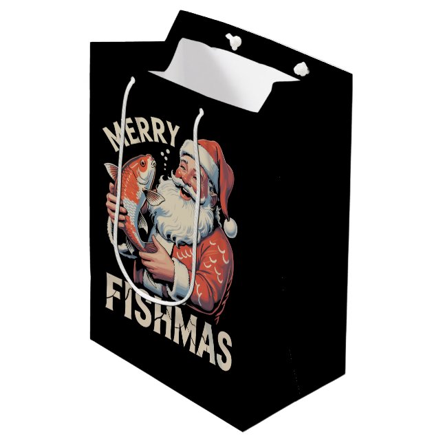 Sac Cadeau Moyen Merry Fishmas Funny Noël Père Noël Pêche (Devant Angle)
