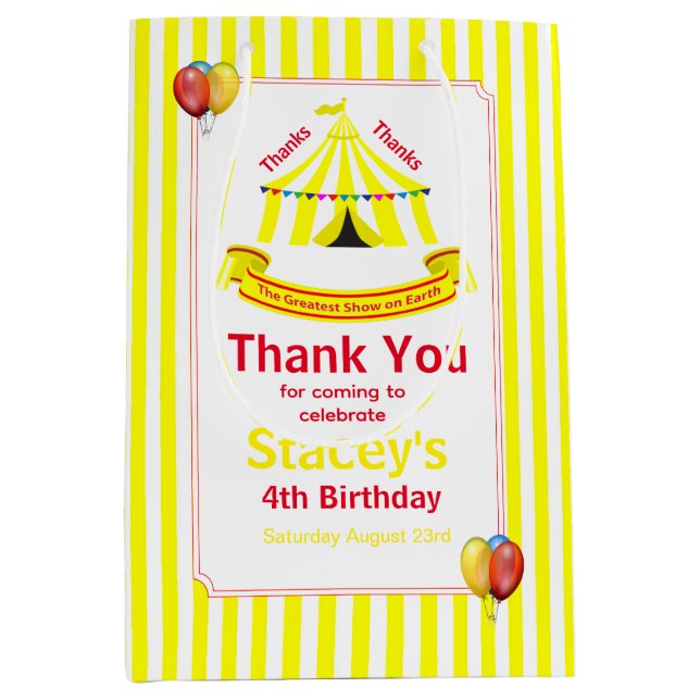 Sac Cadeau Moyen Mignonne Cirque Anniversaire Merci Jaune (Devant)