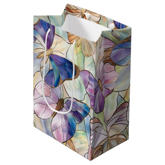 Sac Cadeau Moyen Mint Aqua Bleu Papillons pourpres (Devant Angle)