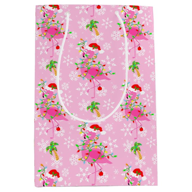 Sac Cadeau Moyen Modèle Flamingo rose de Noël (Devant)