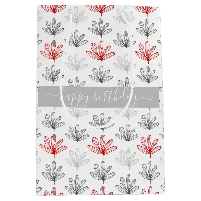 Sac Cadeau Moyen Modèle floral moderne rouge et gris Anniversaire (Devant)