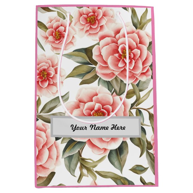 Sac Cadeau Moyen Modèle Floral Personnalisable Fleurs de Camellia (Devant)