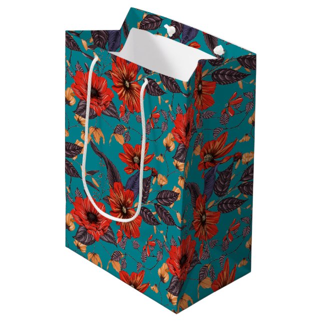 Sac Cadeau Moyen Modèle floral rouge et Turquoise (Devant Angle)