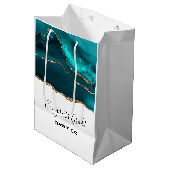 Sac Cadeau Moyen Moderne et élégant Turquoise Agate & Gold Ribbon G (Devant Angle)