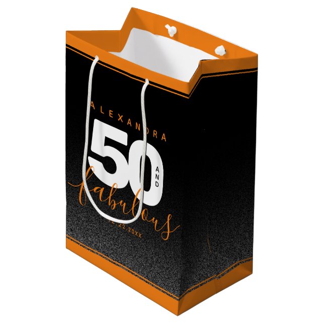 Sac Cadeau Moyen Moderne Girly Orange 50 et fabuleux (Devant Angle)