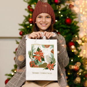 Sac Cadeau Moyen Moderne Poinsettia & Verdure   Noël