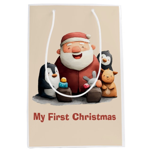 Sac Cadeau Moyen Mon premier Noël mignon Père Noël & Animaux (Devant)