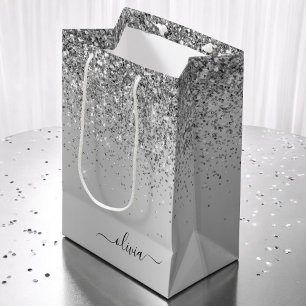 Sac Cadeau Moyen Monogramme de nom en métal pailleté argenté
