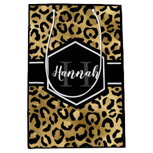 Sac Cadeau Moyen Monogramme de points de léopard noir or