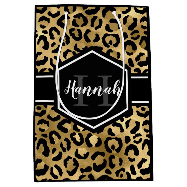 Sac Cadeau Moyen Monogramme de points de léopard noir or (Devant)