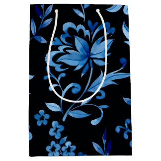 Sac Cadeau Moyen Monogramme Élégant Motif Floral Bleu Vintage