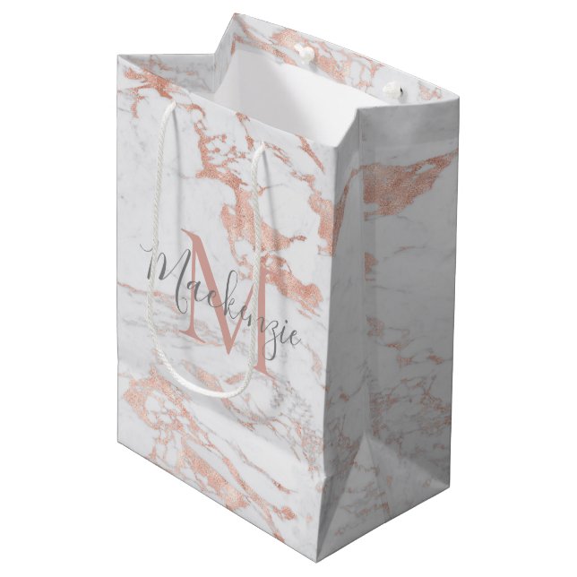 Sac Cadeau Moyen Monogramme en marbre or Rose chic (Devant Angle)