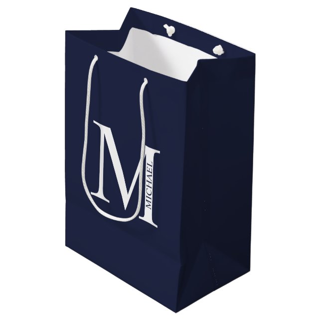 Sac Cadeau Moyen Monogramme et nom personnalisés bleu marine (Devant Angle)