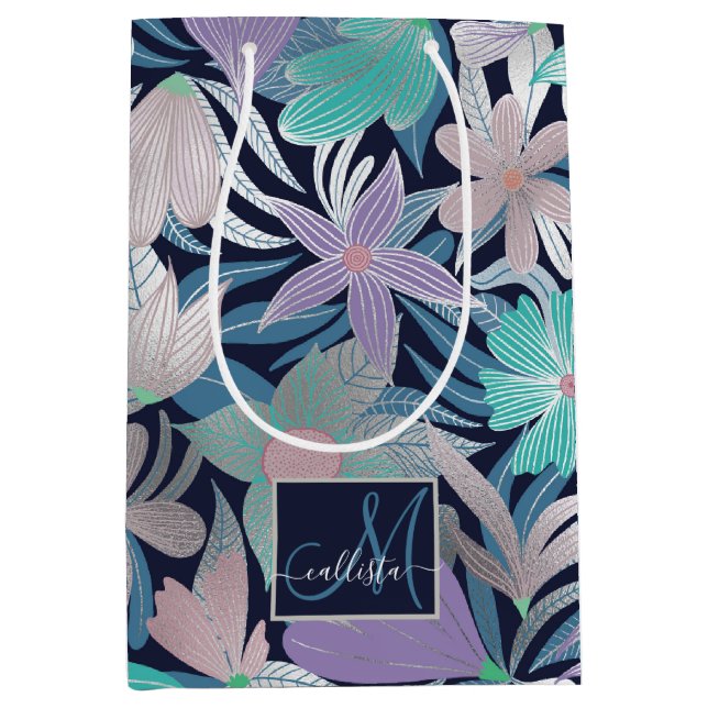 Sac Cadeau Moyen Monogramme Feuille argenté violet bleu (Devant)
