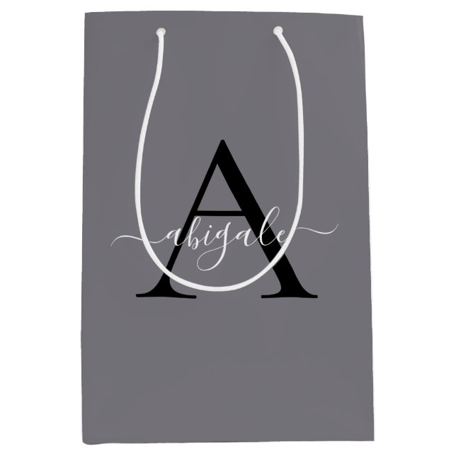 Sac Cadeau Moyen Monogrammé Gris Fossile Noir | Élégant Minimaliste (Devant)