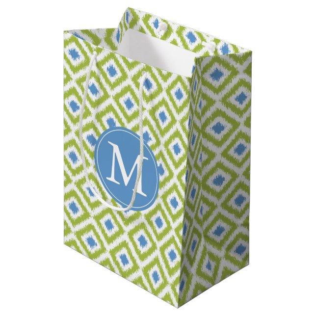 Sac Cadeau Moyen Monogramme Motif Ikat bleu vert (Devant Angle)