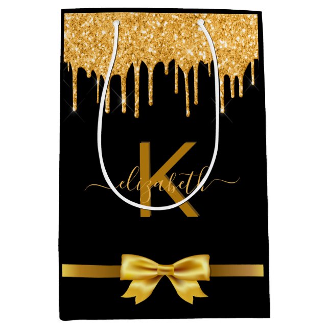 Sac Cadeau Moyen Monogramme or noir parties scintillant merci pour (Devant)
