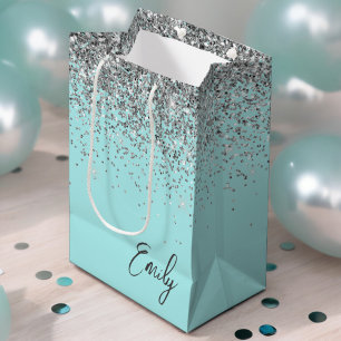 Sac Cadeau Moyen Monogramme Pailleté Argent Bleu Aqua Féminin
