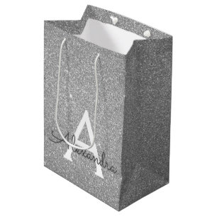 Sac Cadeau Moyen Monogramme Parties scintillant et étincelle en arg