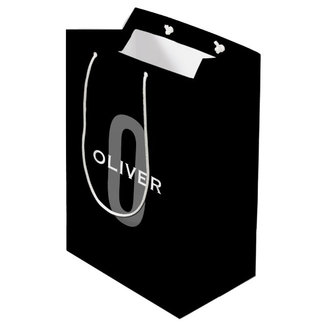 Sac Cadeau Moyen Monogramme personnalisé noir gris blanc Nom (Dos Angle)