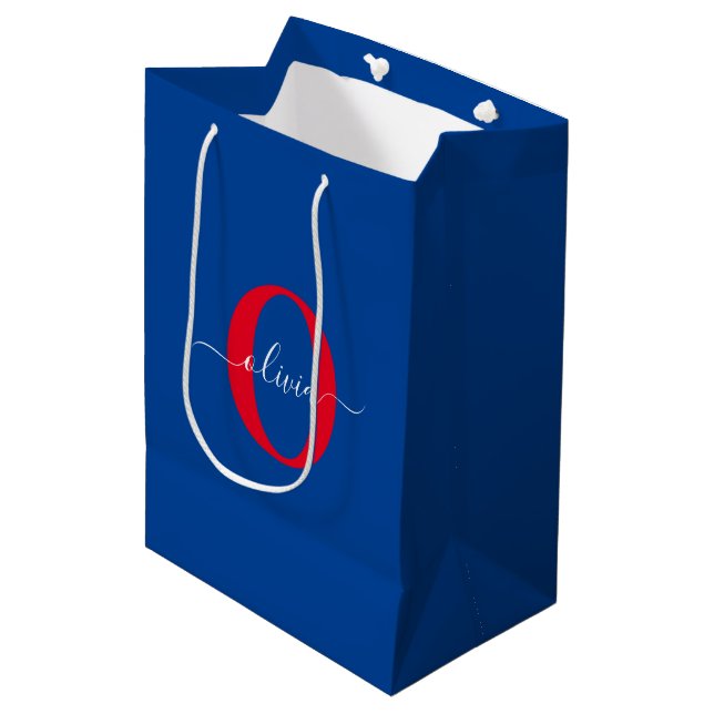 Sac Cadeau Moyen Monogramme personnalisé Nom du script Bleu Blanc R (Devant Angle)