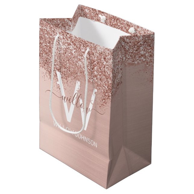 Sac Cadeau Moyen Monogramme rose Gold Blush Rose Girl Parties scint (Devant Angle)