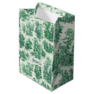 Sac Cadeau Moyen monogramme vintage fleuri vert toile jouy
