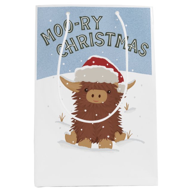 Sac Cadeau Moyen Moo-ry Noël mignon shaggy Vache des Highlands Père (Devant)