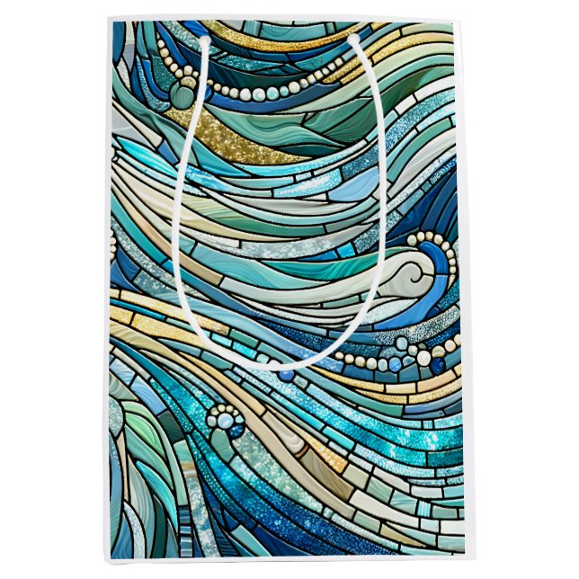 Sac Cadeau Moyen Mosaïque de teintes sarcelle de la Mer des Vagues  (Devant)