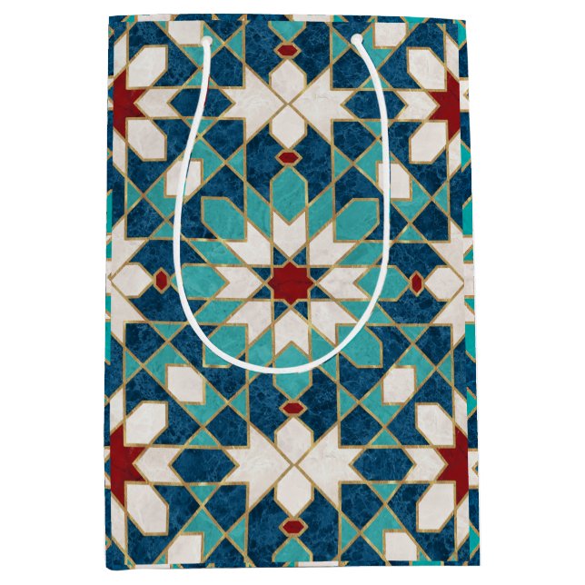 Sac Cadeau Moyen Mosaïque marocaine de marbre blanc Turquoise bleu  (Devant)