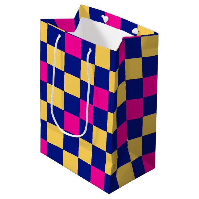Sac Cadeau Moyen Motif à carreaux bleu jaune rose  (Devant Angle)