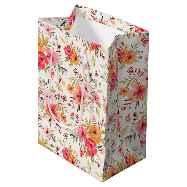 Sac Cadeau Moyen Motif à fleurs Orange Doodle Garden (Devant Angle)