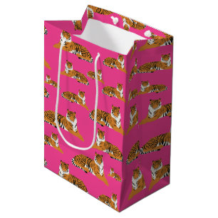 Sac Cadeau Moyen Motif animal du tigre de la jungle rose orange