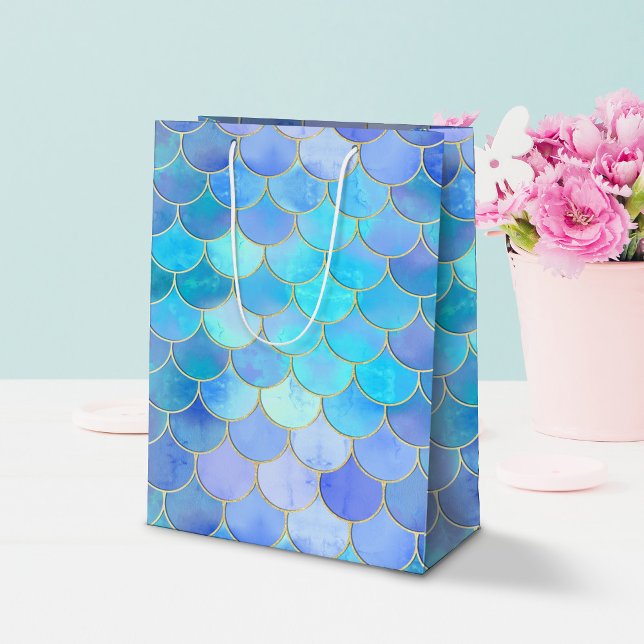 Sac Cadeau Moyen Motif Aqua Pearlescent & Gold Mermaid (Mermaid Scale Pattern Gift Bag)