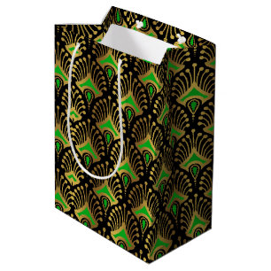 Sac Cadeau Moyen Motif Art déco or et vert sur noir