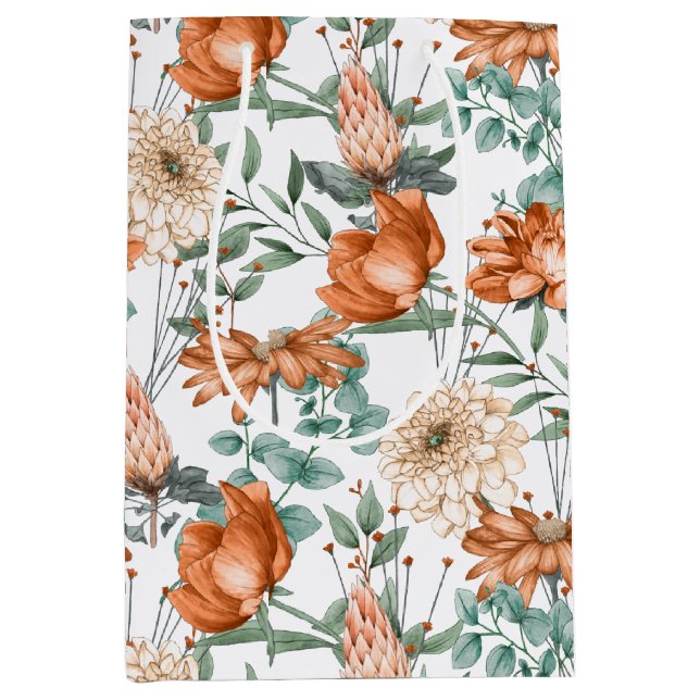 Sac Cadeau Moyen Motif botanique vert d'orange brûlé (Devant)