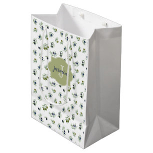 Sac Cadeau Moyen Motif chic aquarelle Monogramme nom Vert olive