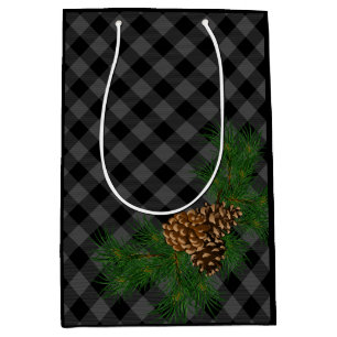 Sac Cadeau Moyen Motif classique gris gris tartan plaid pinecone