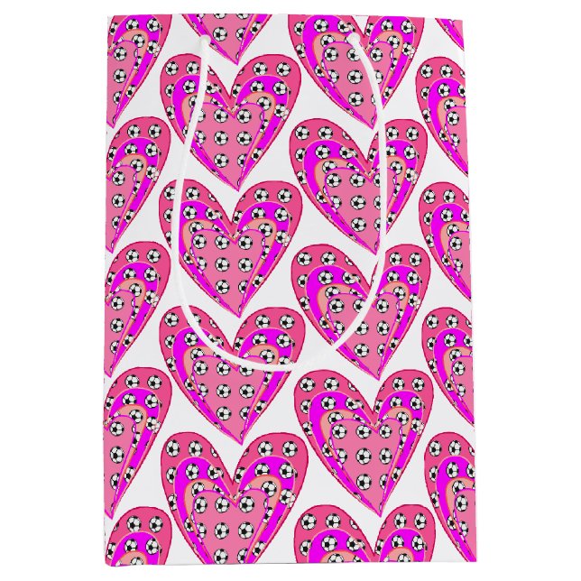 Sac Cadeau Moyen Motif Coeurs Roses Et Boules De Football (Devant)