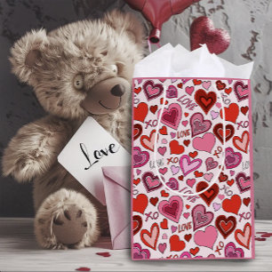 Sac Cadeau Moyen Motif d'amour de cœurs roses rouges mignons