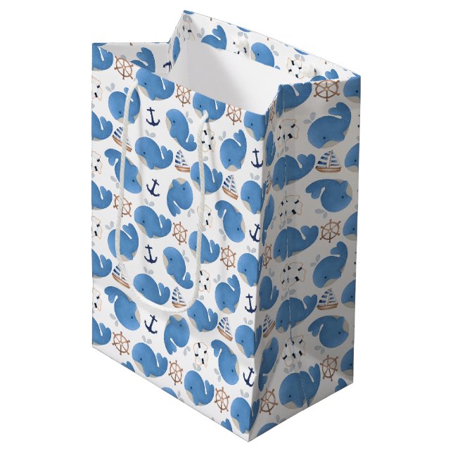 Sac Cadeau Moyen Motif De Baleines, Beaux Baleines, Baleines Bleues (Devant Angle)