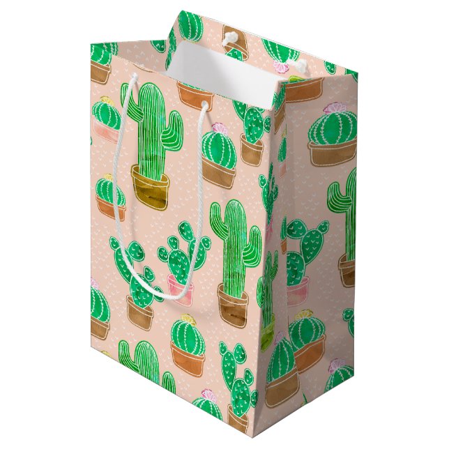 Sac Cadeau Moyen Motif de cactus pointillés (Devant Angle)