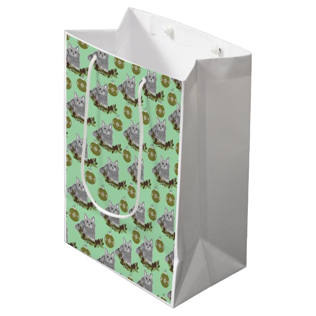Sac Cadeau Moyen Motif de chat gris avec ornements verts (Devant Angle)
